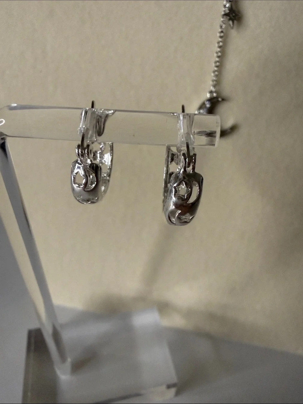 Triple WG Plated Moon & Star Necklace with Hoop Earrings Set